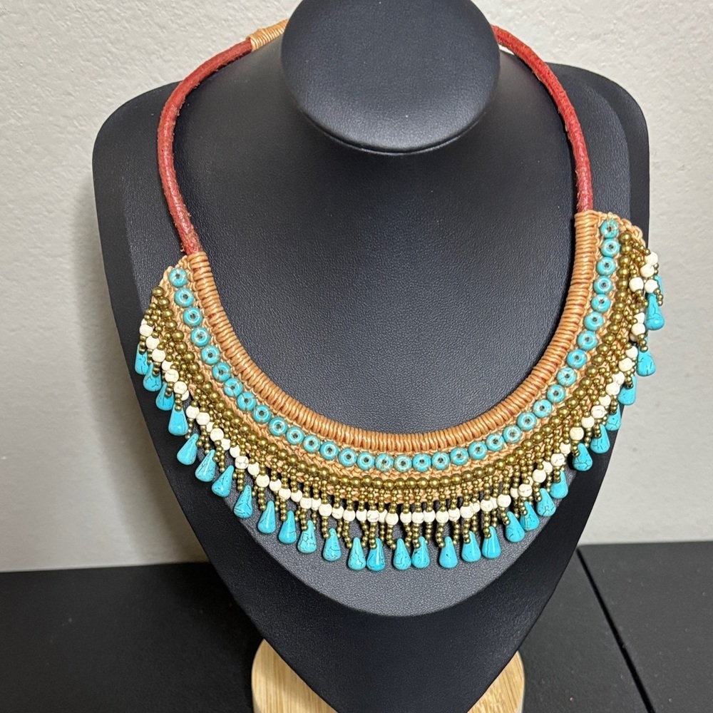 World Woven Artisan Turquoise Beaded THAI STONE BIB NECKLACE Handcrafted